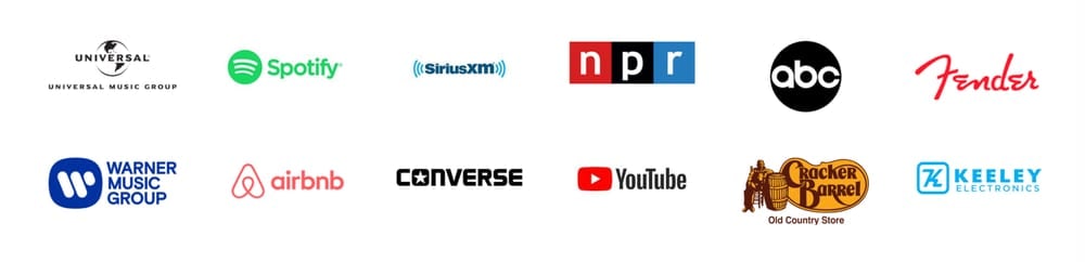 Partner logos including Fender, ABC, YouTube, NPR, Spotify, and more